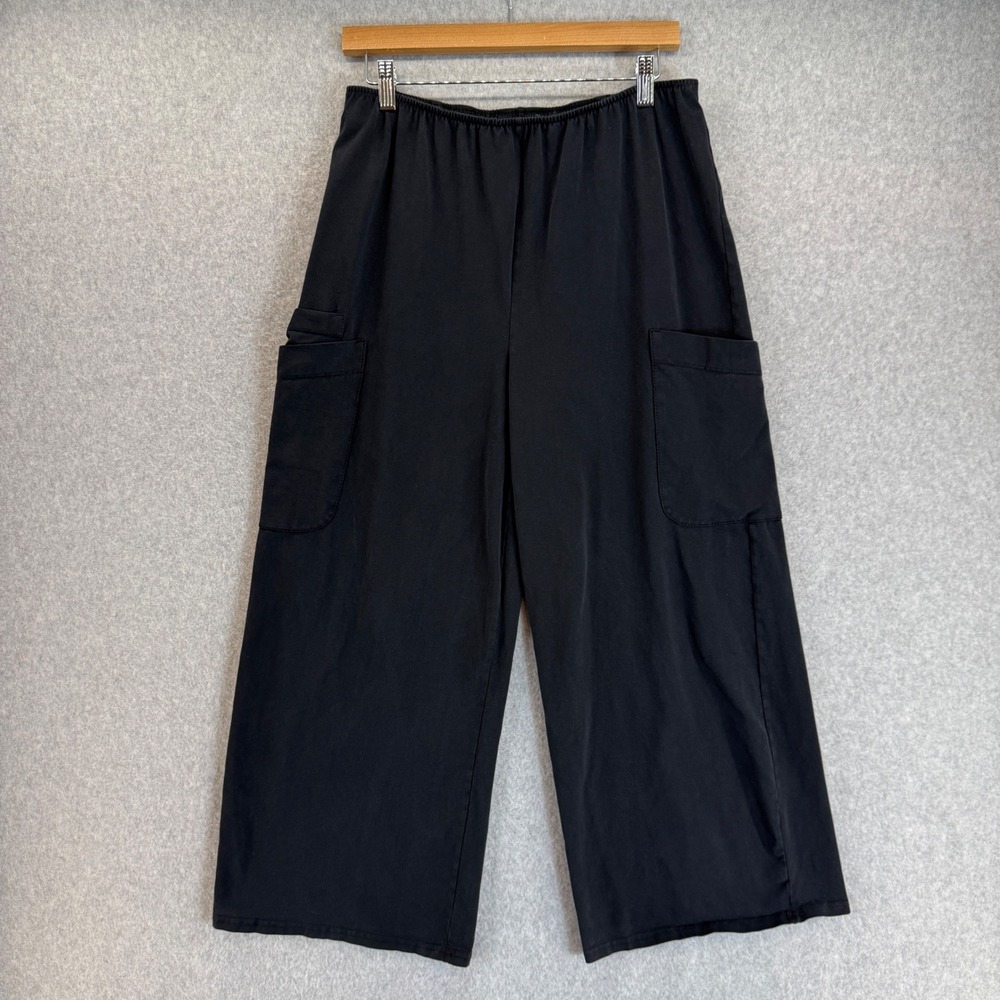 Iridium Black Wide Leg Cropped Cargo Pants Pull On Elastic Waist Womens Sz Small